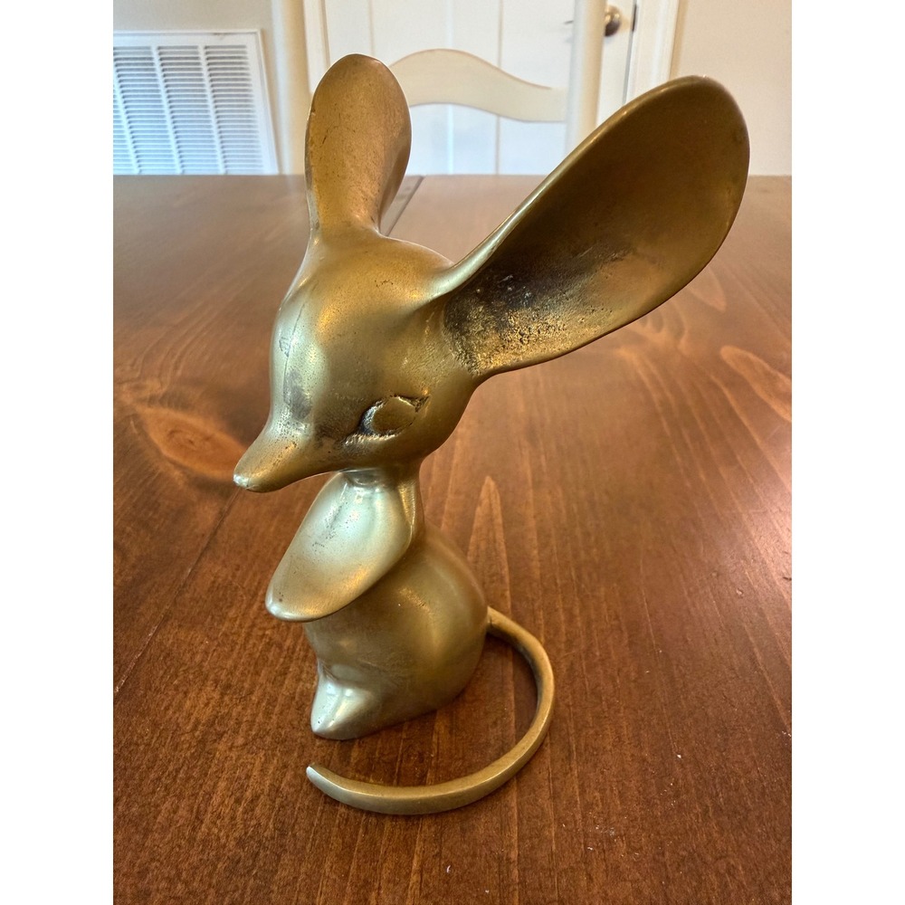 Vintage Solid Brass Mouse Figurine Mid Century Modern Large Ear Paperweight 5"